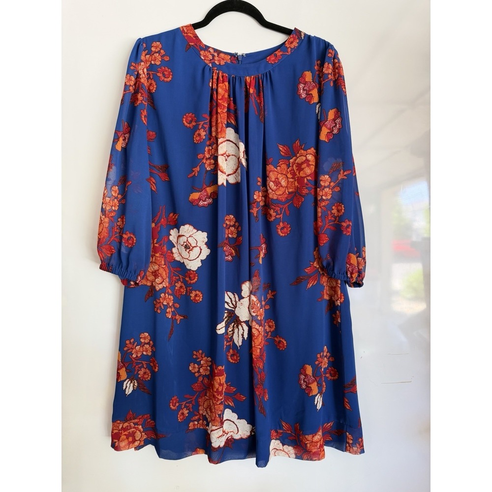Eva Mendes Blue Floral Woven‎ Knee Length Dress Round Neck 3/4 Sleeve XL